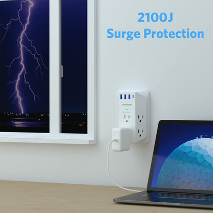 Surge Protector, Outlet Extender with 6 Outlets of 2100 Joules, the indicator light on to show your devices are protected.