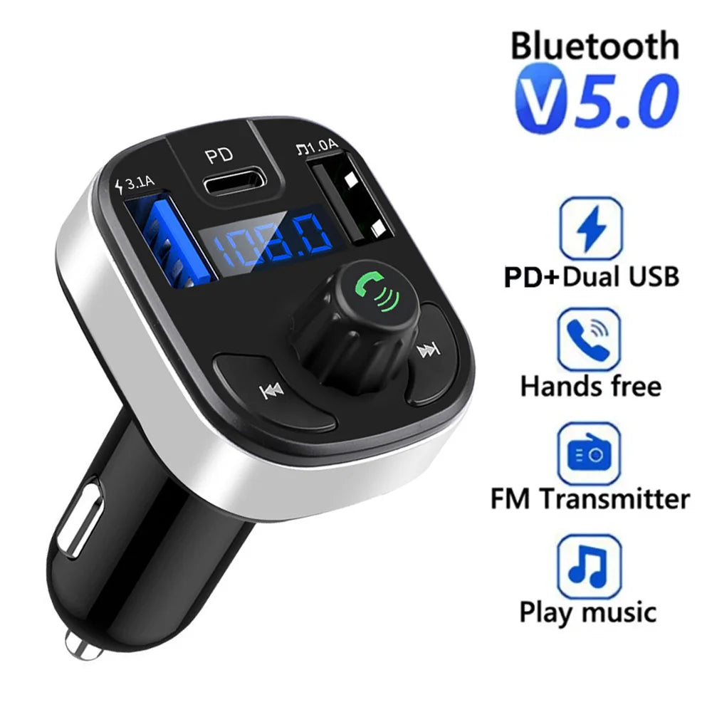 Car Bluetooth 5.0 FM Transmitter Dual USB PD Type C Fast Charge Car Charger Bluetooth Microphone Handsfree Car FM Modulator